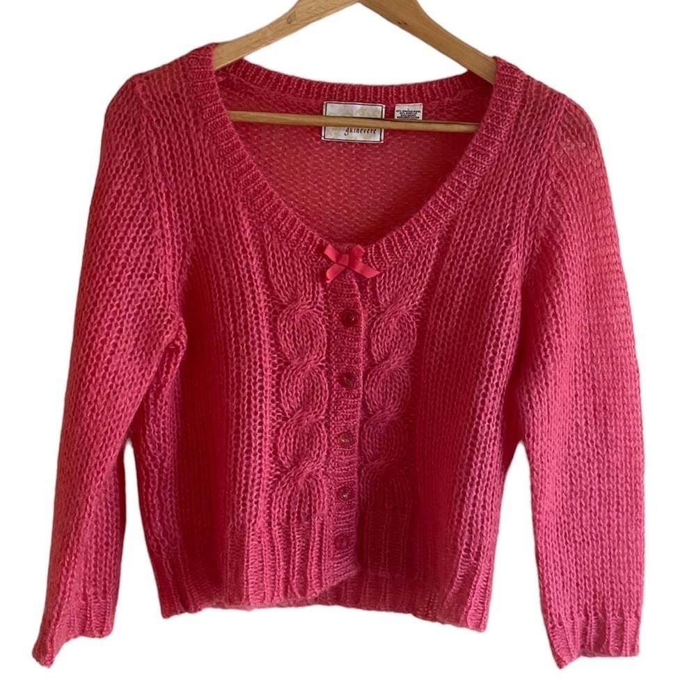 GUINEVERE Womans Large Mohair Cropped Cable Knit Long Sleeve V Neck Cardigan